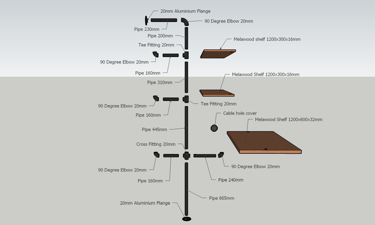 Single Study/Shelving Industrial Pipe Kit with Melawood 1200mm