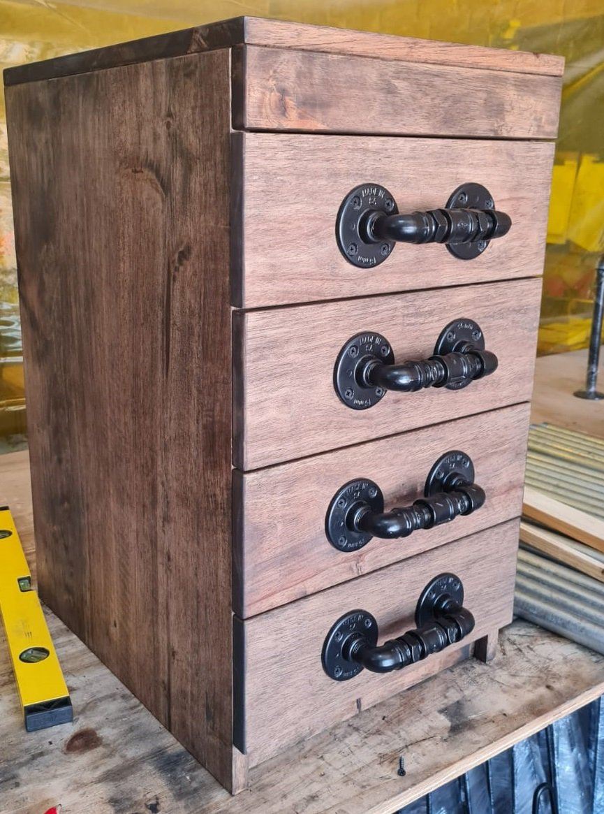Rubberwood with chocolate stain, black powder coated DIY handles