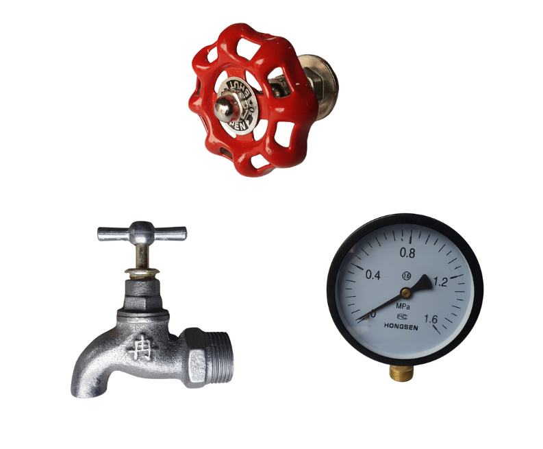 Pressure Gauge, Water Faucet, Red Handwheel