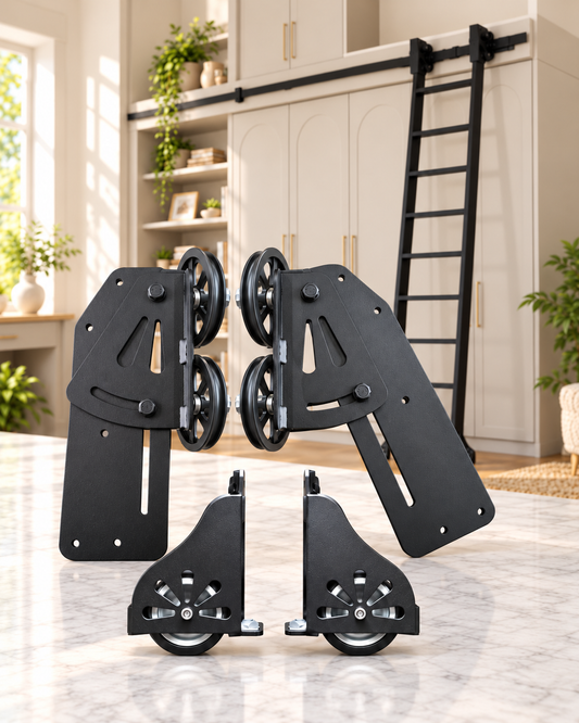 UrbanRail DIY Library or Sliding Ladder 120mm Vintage Look Wheel Kit With Brake - Stow upright