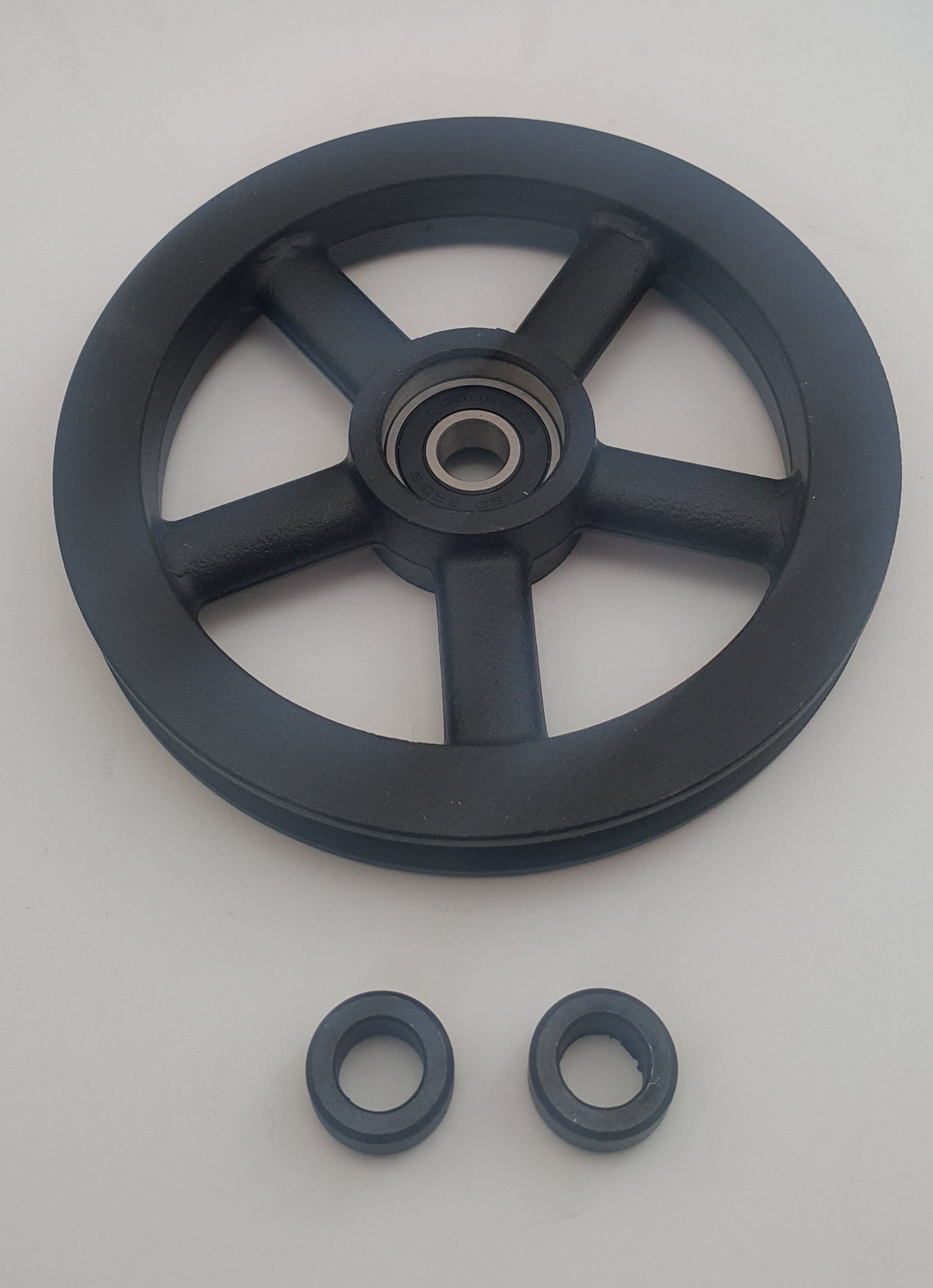 120mm Aluminium black spoke wheel/pulley, bearing and bushes only - Aluminium Flanges